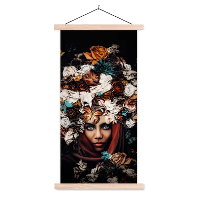 Produktbild von MuchoWow® Textilposter Blumen - Schmetterling - Frauen - Kopftuch 60x120 cm mit holzfarbenen Rahmen - Holz