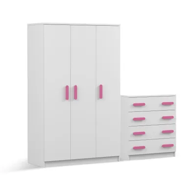 Produktbild von Drehtürenschrank und Kommode 2er-Set JONAS I 19/JONAS I 02 Weiß/Weiß rosa Griffe