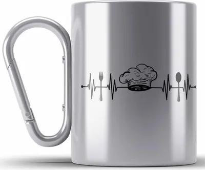 Produktbild von Trendation - Koch Edelstahl Tasse Karabiner Geschenk Herzschlag Geschenkidee Köchin Männer Frauen (Silber)