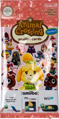 A product package for Animal Crossing amiibo cards, Series 4, featuring various characters from the game.