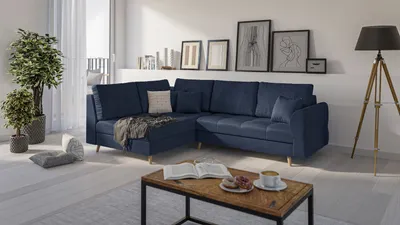 Produktbild von S-STYLE MÖBEL - Ecksofa mit Holzfüßen im skandinavischen Stil Marco aus Dunkelblau Luxusmicrofaser - Ottomane links - B/T/H: 231 cm/161 cm/81 cm