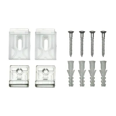 A set of mirror clips, screws, and wall anchors arranged on a white background.