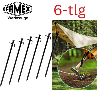 Produktbild von FAMEX Zeltheringe Erdnägel aus Stahl, 6 Stück, Robuste Bodenanker für Zelte, Pavillons, Sonnensegel, Camping & Outdoor