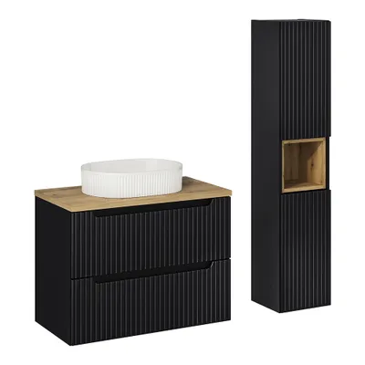 Produktbild von Badmöbel Set 2-teilig, 80cm Waschtisch, in schwarz mit Eiche, gerillte Front, NEWPORT-56-BLACK