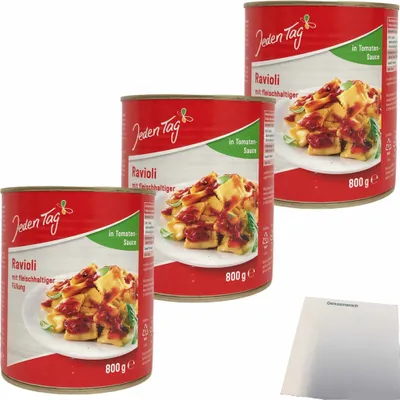 Produktbild von Jeden Tag Ravioli in Tomatensoße mit fleischhaltiger Füllung 3er Pack (3x800g Dose) + usy Block