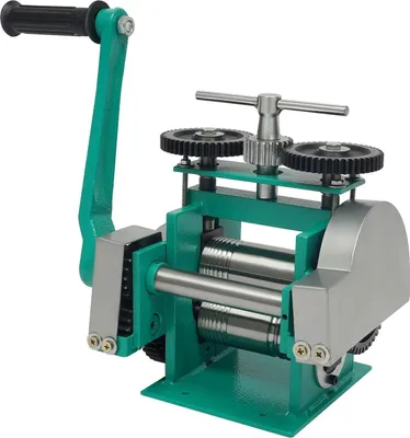 Zdjęcie produktu dla Schmuckwalzwerk – Ręczna kombinowana walcarka 120 mm – Stal – Do drutu, blach i półokrągłych profili – Przełożenie 1:6 – Regulacja szczeliny: 0,03–6,5 mm – Zielony