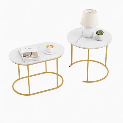 Produktbild von Nesting-Tische 2er Set Rund + Oval – Platzsparend, Metallgestell, Couchtisch/Beistelltisch, Wohnzimmer
