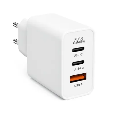 A white GaN 65W USB-C and USB-A charger adapter with multiple ports.