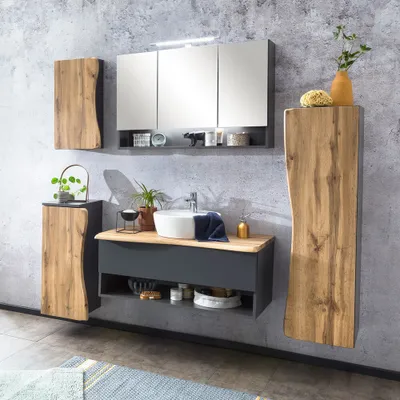 Produktbild von Badmöbel Set in anthrazit und Wotan Eiche Nb. mit Baumkantenoptik KAHLA-03 LED Spiegelschrank und Keramik Waschbecken, B/H/T: ca. 216/200/52 cm