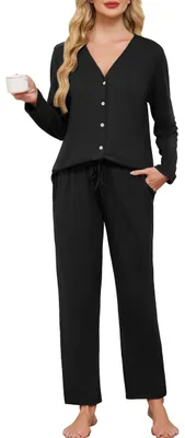 Immagine prodotto di Completo pigiama da donna - Pigiami lunghi in cotone, colore nero