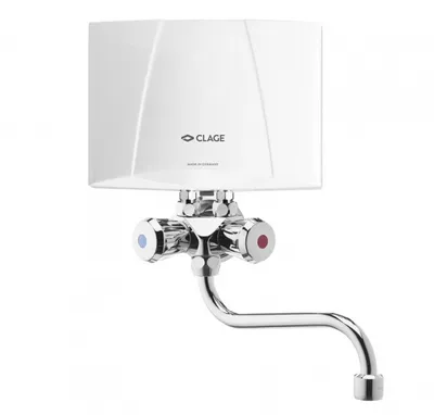 A white instant water heater with a chrome faucet and controls, mounted on a white background.