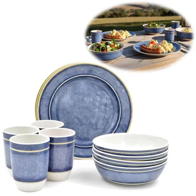 Produktbild von LS-LebenStil Camping-Geschirr Picknick-Set 12-teilig Maritim Blau Weiß 4 Personen Becher Teller Tasse Schale Mehrweggeschirr Camping Strand Wohnmobil