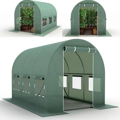 Imagen del producto de Invernadero de plástico de 2x3 metros con estructura de acero, puerta y 6 ventanas, lámina de polietileno, cremallera y revestimiento galvanizado