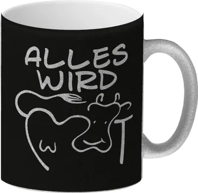 Produktbild von Alles wir KUHt Glitzer-Kaffeebecher in schwarz zum Thema Bauernhof mit Kuh Motiv