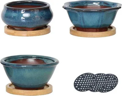 Produktbild von Keramikpflanztöpfe Türkis mit Abflusslöchern und Bambusboden