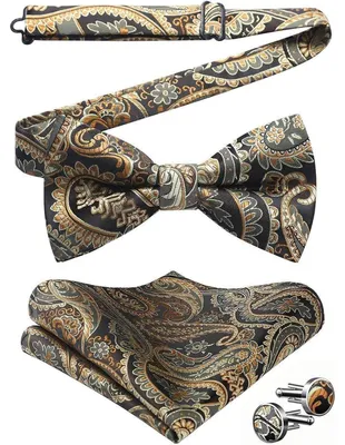 Immagine prodotto di Set da uomo composto da fazzoletto da taschino e fazzoletto da colletto, con gemelli, motivo Paisley, color oro, pre-annodato e regolabile