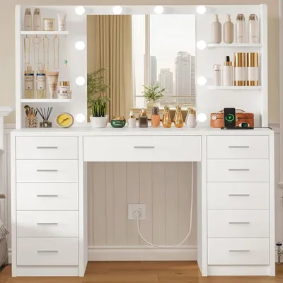 Image de Table de maquillage avec éclairage, prises électriques, ports USB, 11 tiroirs, 4 étagères, 5 crochets, de couleur blanche