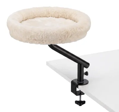 Productafbeelding van Fudajo kattenbed voor op het bureau, 40 x 40 cm, beige, belastbaar tot 15 kg, kattenmand met klemmechanisme, knuffelbed met pluche en speeltje