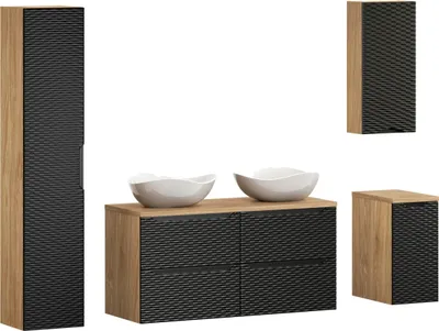 Zdjęcie produktu dla Zestaw Mebli Łazienkowych Czarny Mat + Dąb 120 Cm Z Umywalkami