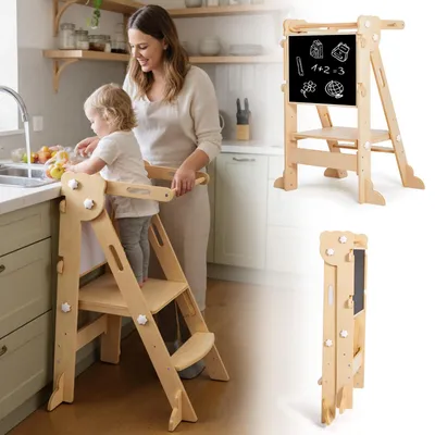 Klappbarer Montessori-Lernturm mit doppelseitiger Tafel, Holz