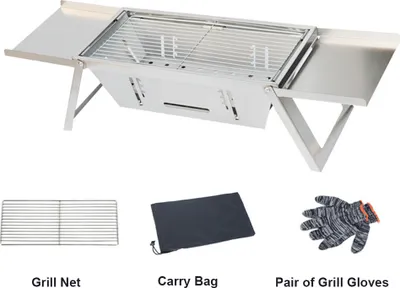 Obrázek produktu pro Přenosný gril na dřevěné uhlí pro kempování, s 3 úrovněmi nastavení výšky, skládací konstrukce z nerezové oceli, včetně tašky na grilovací rukavice
