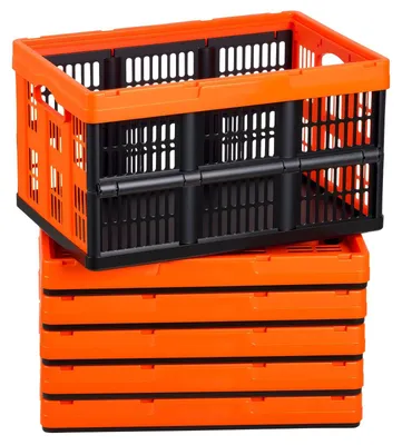 Produktbild von Falt- und Klappboxen 45 L - 6er-Pack - Stapelbar - Kunststoff - Mit Griffen - Platzsparend - Tragkraft 15 kg pro Box - Orange-Schwarz