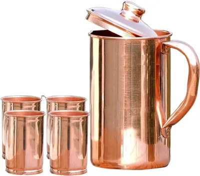 Produktbild von Krug aus reinem Kupfer mit Deckel und 4 Bechern im Set, Fassungsvermögen 1,6 Liter