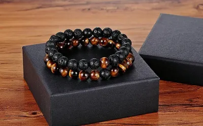 Produktbild von 2er Set Naturstein Partnerarmband Tigerauge-Schwarz Lavastein Perlenarmband Edel
