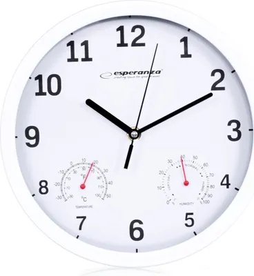 A white analog wall clock with two built-in gauges for temperature and humidity.