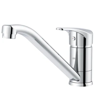 A studio shot of a chrome kitchen faucet against a white background.