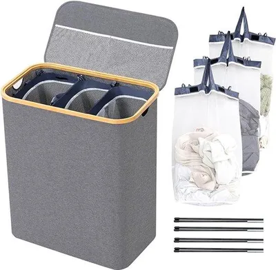 Immagine prodotto di Grigio, 3 scomparti con coperchio, cesto portabiancheria, cesto portabiancheria, sistema per il lavaggio della biancheria, cesto portabiancheria pieghevole, impermeabile e rimovibile, cesto portabiancheria stretto, 145 l