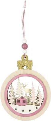 Immagine prodotto di Rosa, villaggio natalizio in legno, decorazione a forma di sfera, nei colori rosa, bianco e oro, dimensioni 11,9 x 9 x 1 cm