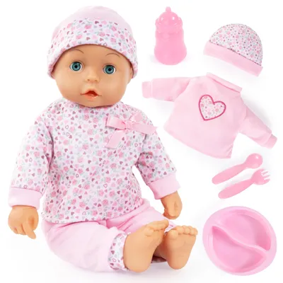 Produktbild von Bayer Design 93610AA Babypuppe, Puppe 36 cm, Weichkörperpuppe, mit extra Pullover und Mütze, Flasche, Besteck und Teller - für Rollenpiele der Kinder