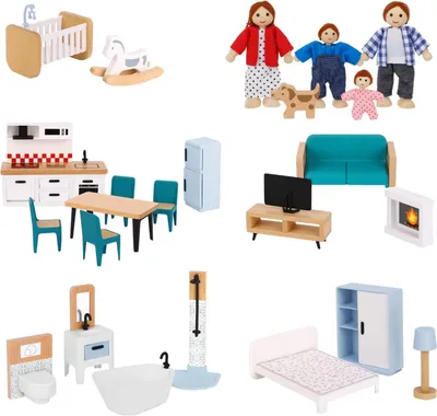 Produktbild von Holz Puppenhausmöbelset 26-teilig, mit 4 Familienfiguren, Spielzeug für Kinder