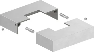Two L-shaped metal pieces and small fasteners are shown on a white background, appearing to be a disassembled product.