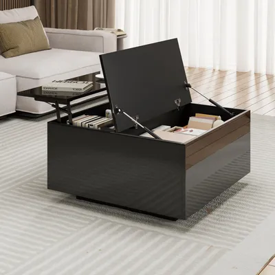 Produktbild von Radelldar Höhenverstellbarer Couchtisch mit klappbarer Hochglanzplatte und Stauraum, 75 x 75 x 40-53 cm, Schwarz
