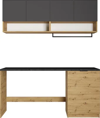 Zdjęcie produktu dla Mebel do pralni na pralkę z blatem - 182 cm - Antracyt i jasne drewno - NATAJI