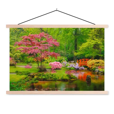 Obrázek produktu pro MuchoWow® Textilní plakát - Most - japonský - botanický - stromy - květiny - 60x40cm - S hnědými lamelami