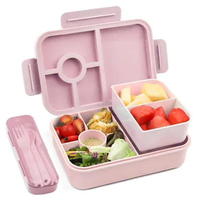 Image de Bugucat Boîte à pain pour enfants avec 5 compartiments 1300ML Lunchbox anti-fuite Bento Box avec set de couverts, Rose