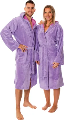 Produktbild von Lavea® Bademantel Damen & Herren, Uni Morgenmantel mit Kapuze, Soft-Velour & Frottier, Bambus-Baumwoll-Mix, 2 Taschen, Bindegürtel, L, Fliederlila