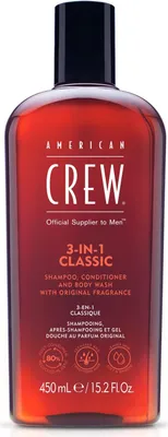 Obrázek produktu pro American Crew 3-in-1, 450 ml, 3v1 šampon, kondicionér a sprchový gel, Neprofesionální, Pánské, Revitalizační, Lesklý, Změkčující, Láhev