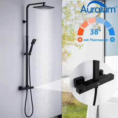 Produktbild von Auralum Duschsystem mit 38 °C Thermostat Duscharmatur Regendusche Duschset Dusch mit Handbrause, Schwarz