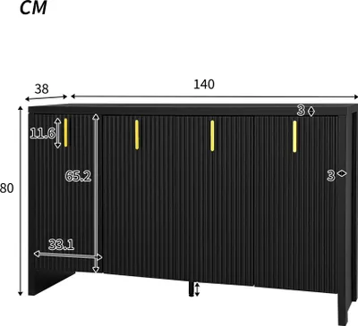 Produktbild von okwish Kommode Sideboard mit viel Stauraum, Schrank mit 4 Türen, Schubladenschrank Anrichte mit goldene Griffe und verstellbare Trennwände für Wohnzimmer,140*38*80 cm,Schwarz