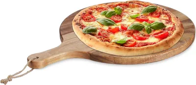 Immagine prodotto di Tagliere per pizza - Tagliere rotondo in legno di acacia - Diametro 35,5 cm - Tagliere per pizza - Manico - Tagliere per formaggi - Tagliere per servire - Naturale