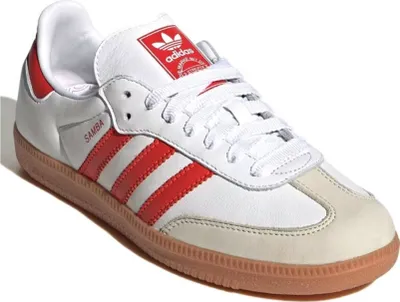 Produktbild von Adidas Samba OG 3 Stripes Retro Contrast 70s Damen Ledersneaker in Weiß Rot – 7 UK - 40 2/3 EU - 8.5 US / White Red