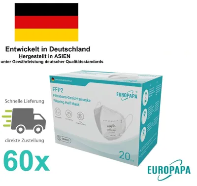 Produktbild von EUROPAPA 60x FFP2 Atemschutzmaske – 5-Lagen Partikelfiltermaske, EN149:2001+A1:2009 , Hygienisch Einzelverpackt – Komfortabler Staubschutz