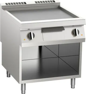 Immagine prodotto di Piastra grill elettrica KBS, superficie liscia cromata, 10,8 kW, 2 zone di riscaldamento, base aperta.