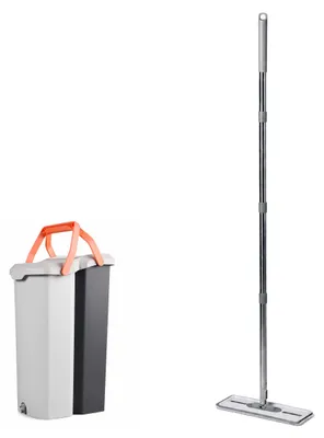 Productafbeelding van Relaxdays Vloermopset, 6,5 liter emmer met wringfunctie, 2 compartimenten, stapelbaar, afmetingen: 45,5 x 22 x 29 cm, 2 microvezel pads, grijs