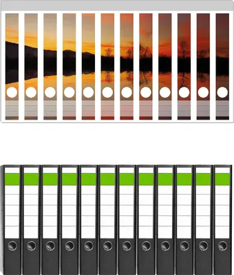 Produktbild von Wallario 12 Stück schmale Ordner inkl. Klebeetiketten mit Motive Abendrot am Himmel über einem See -  Set mit Rückenschildern / Ordnerrücken Stickern