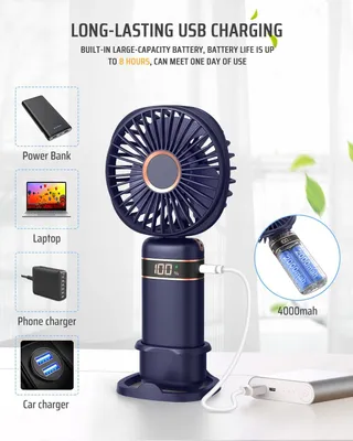 Produktbild von 3 IN 1 Handventilator, tragbarer USB-Handventilator, faltbarer Mini-Ventilator，5 Geschwindigkeitsstufen Handyhalter-Lüfter für Zuhause, Outdoor，blau
